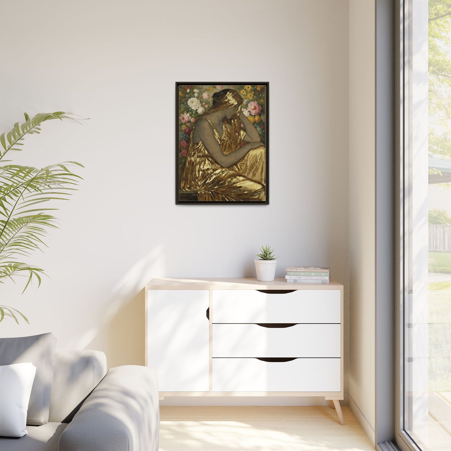Framed Canvas Art Print — Golden Muse Woman with Floral Background