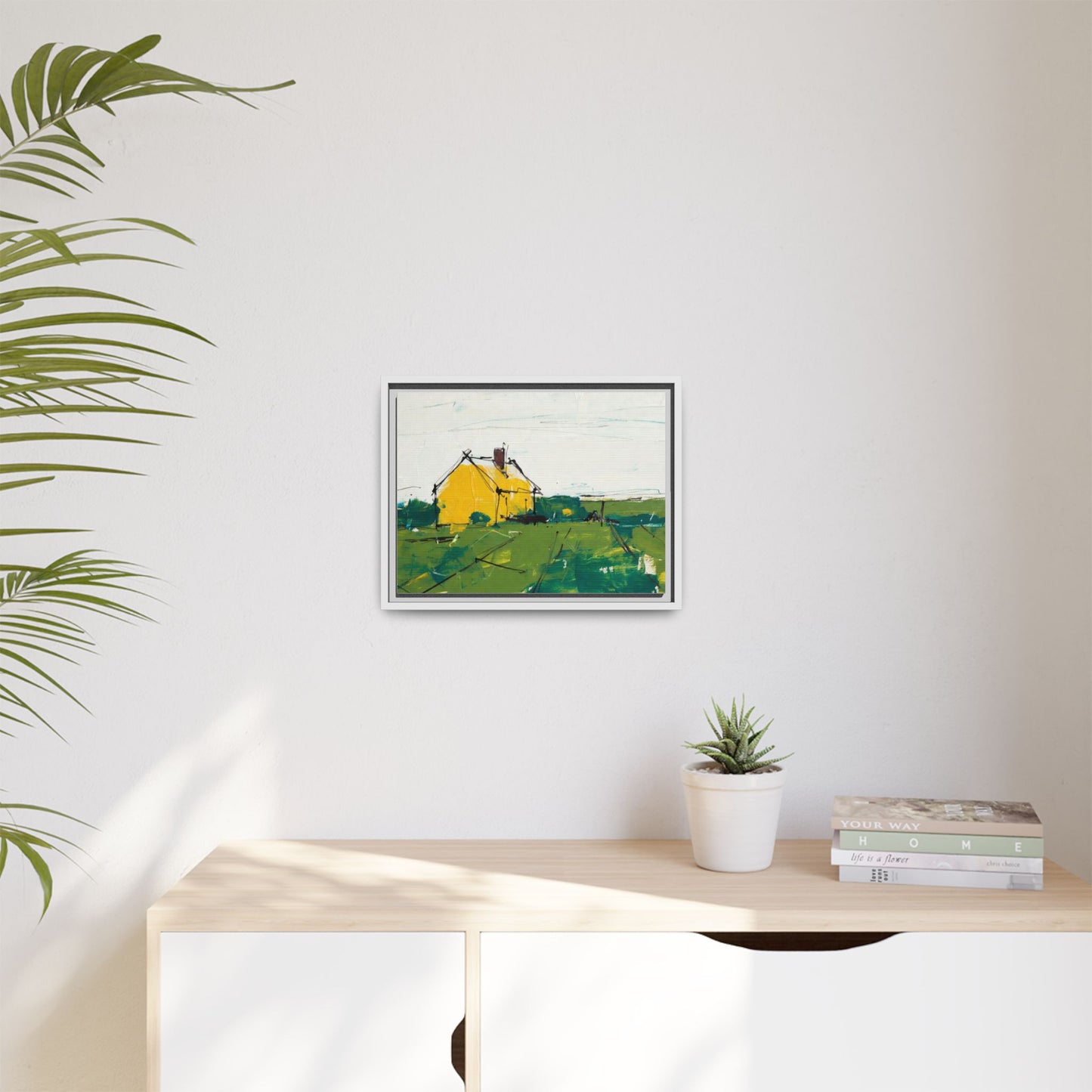 Yellow Cottage Landscape Framed Canvas Print