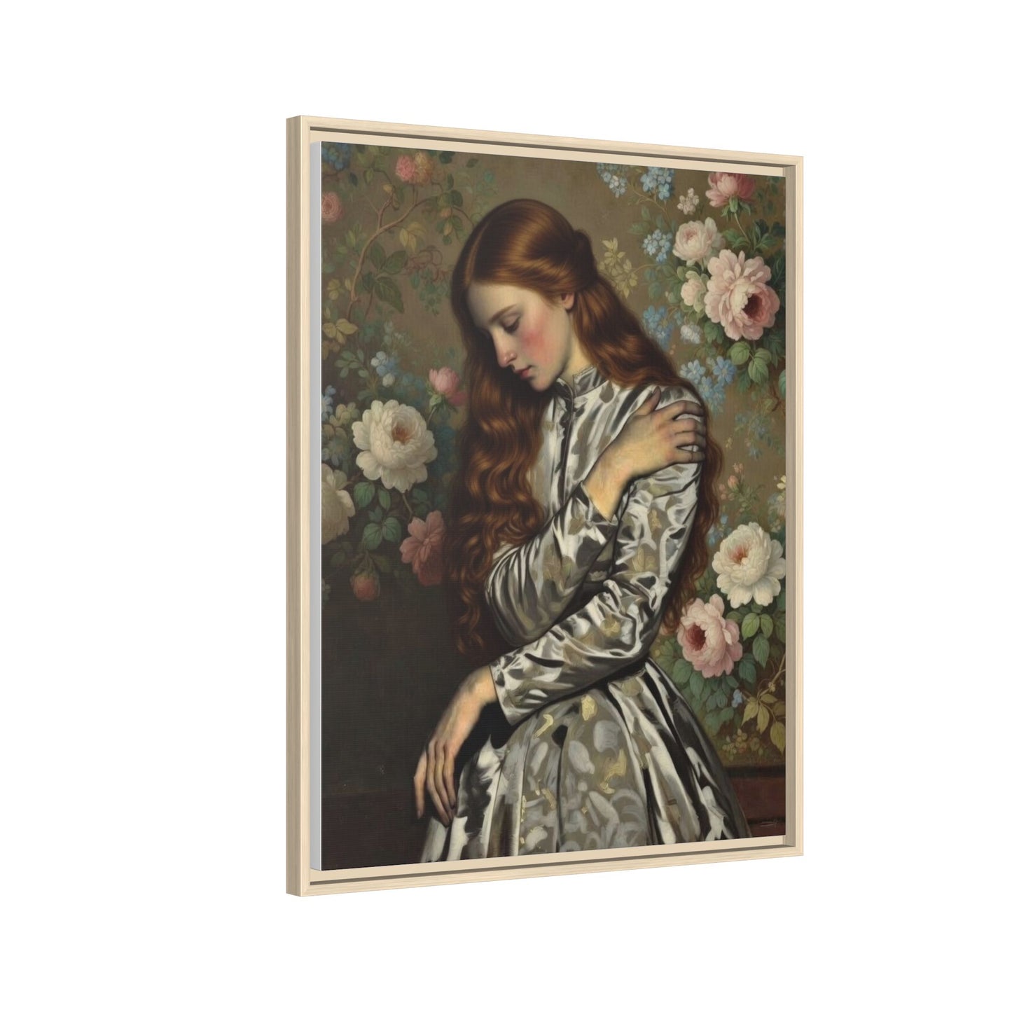 Framed Matte Canvas Art — Vintage Floral Portrait of a Young Woman