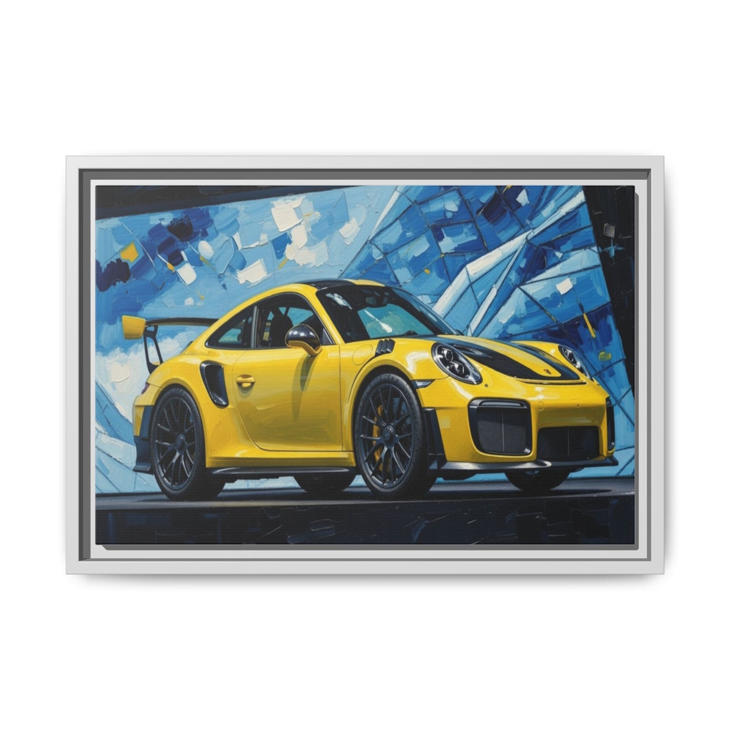 Yellow Porsche Sports Car Matte Framed Canvas – Modern Automotive Wall Art