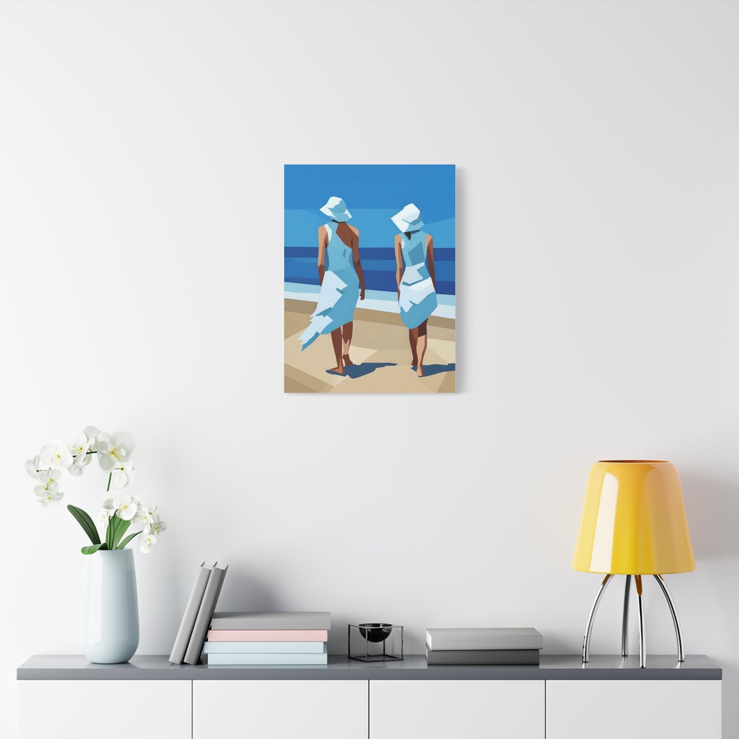 Beach Stroll Canvas Print — Two Women in Blue Sun Hats Matte Stretched