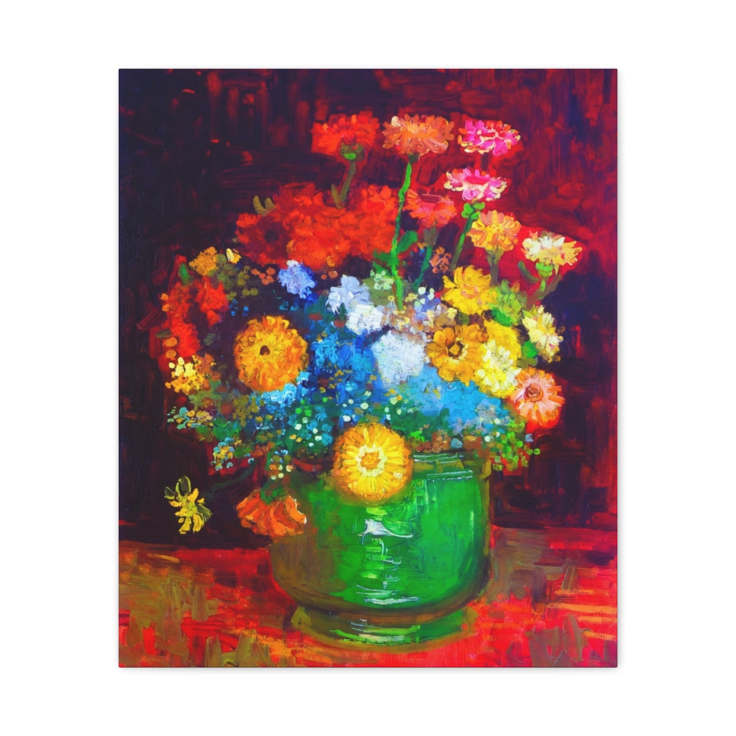 Floral Still Life Canvas Print — Vibrant Bouquet in Green Vase