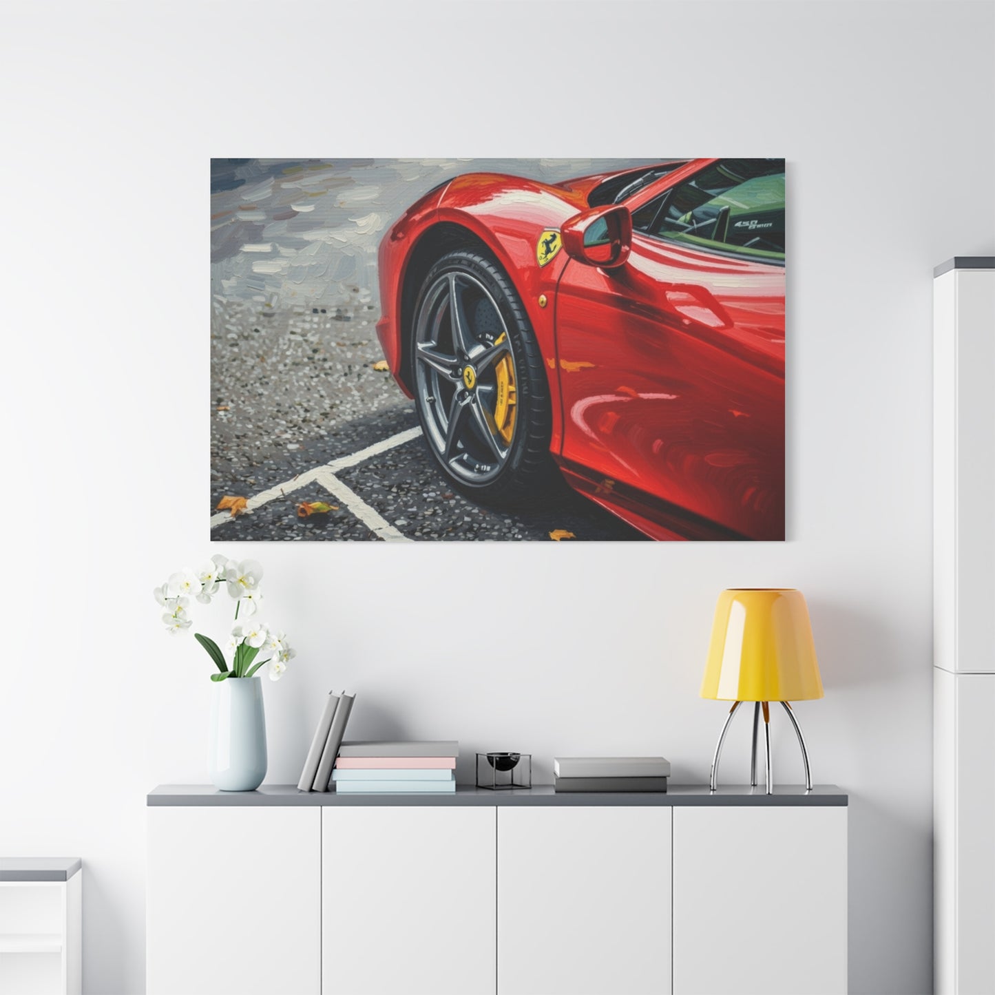 Red Sports Car Canvas Print — Ferrari Wheel Close-Up Matte Stretched Wall Art