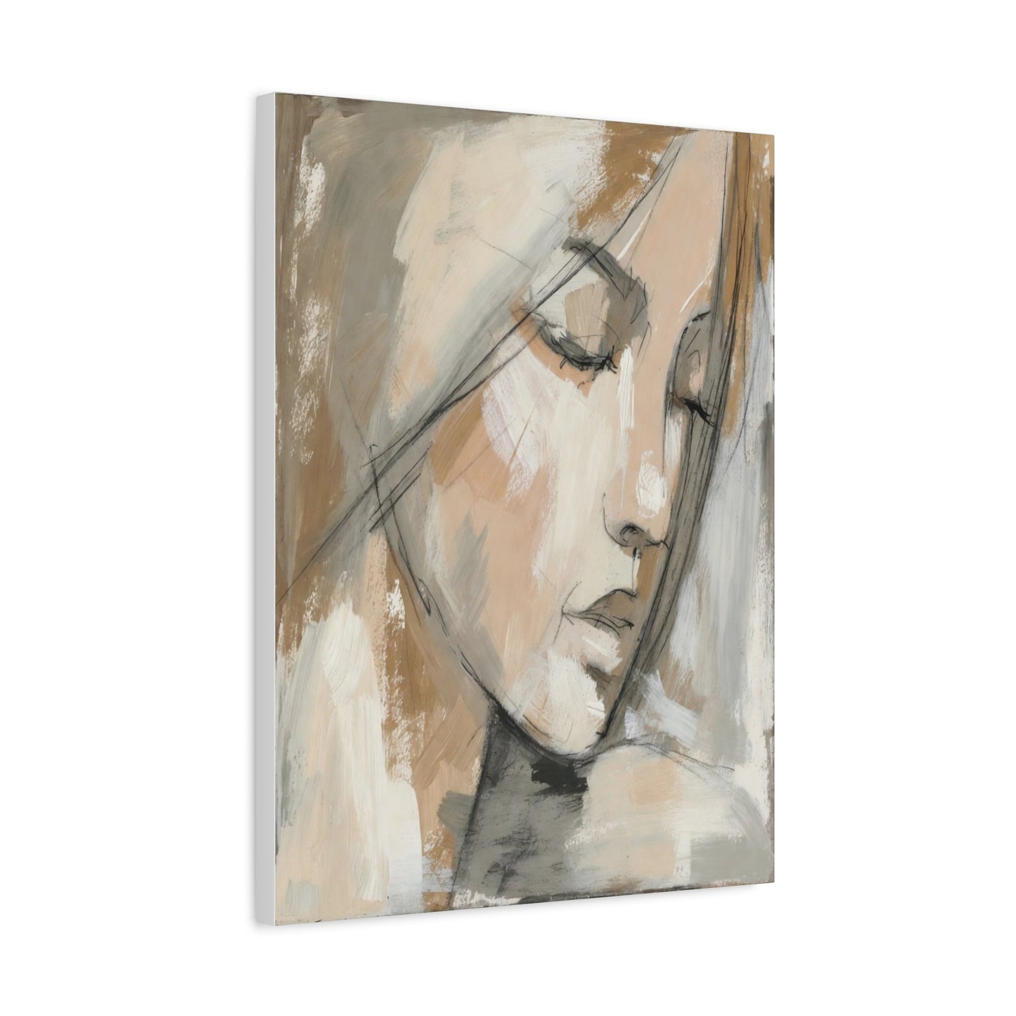 Serene Woman Portrait Matte Canvas Wall Art — Neutral Abstract Face Painting