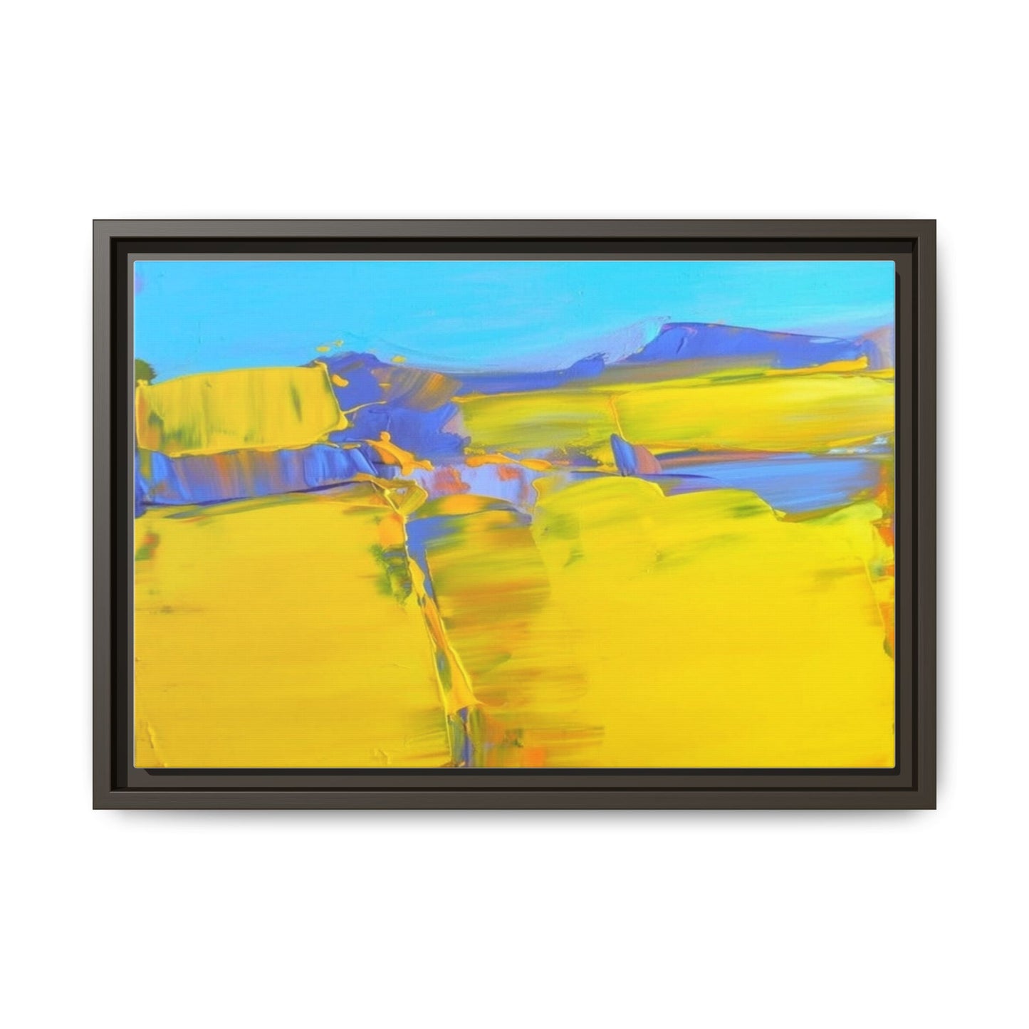 Framed Matte Canvas  Vibrant Yellow Blue Abstract Landscape Art