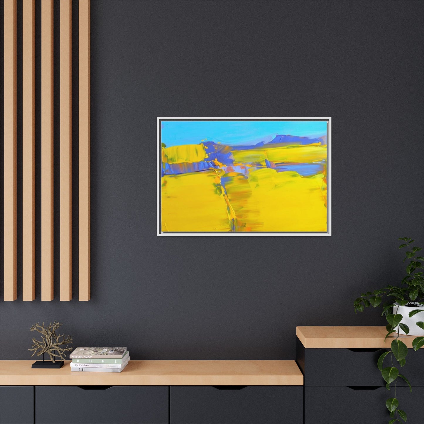 Framed Matte Canvas  Vibrant Yellow Blue Abstract Landscape Art