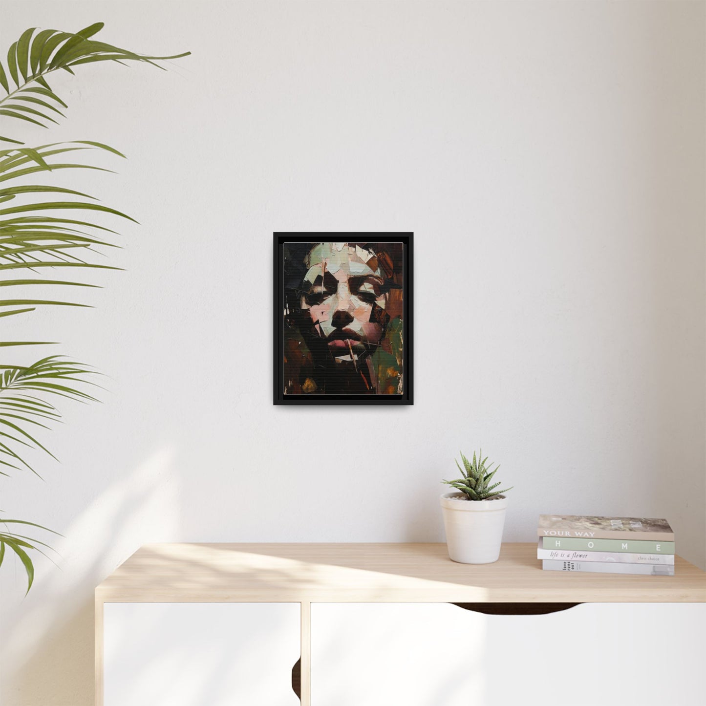 Matte Framed Canvas Art — Abstract Female Portrait, Moody Multicolor