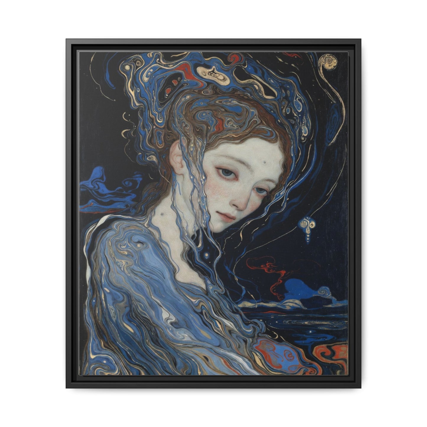 Framed Matte Canvas Art Print — Surreal Blue Maiden Portrait