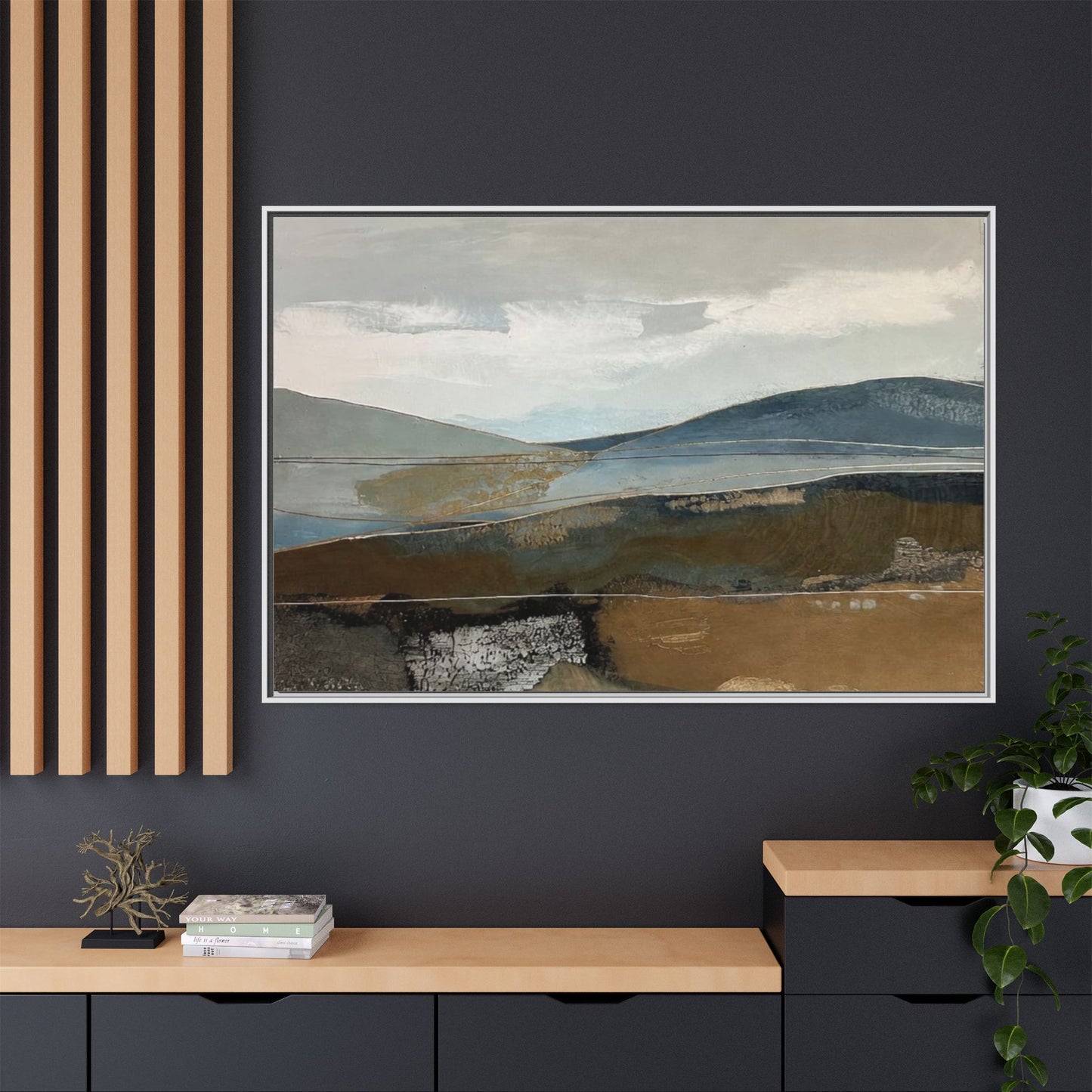 Framed Matte Canvas Landscape Art - Serene Abstract Hills in Blue & Earth Tones