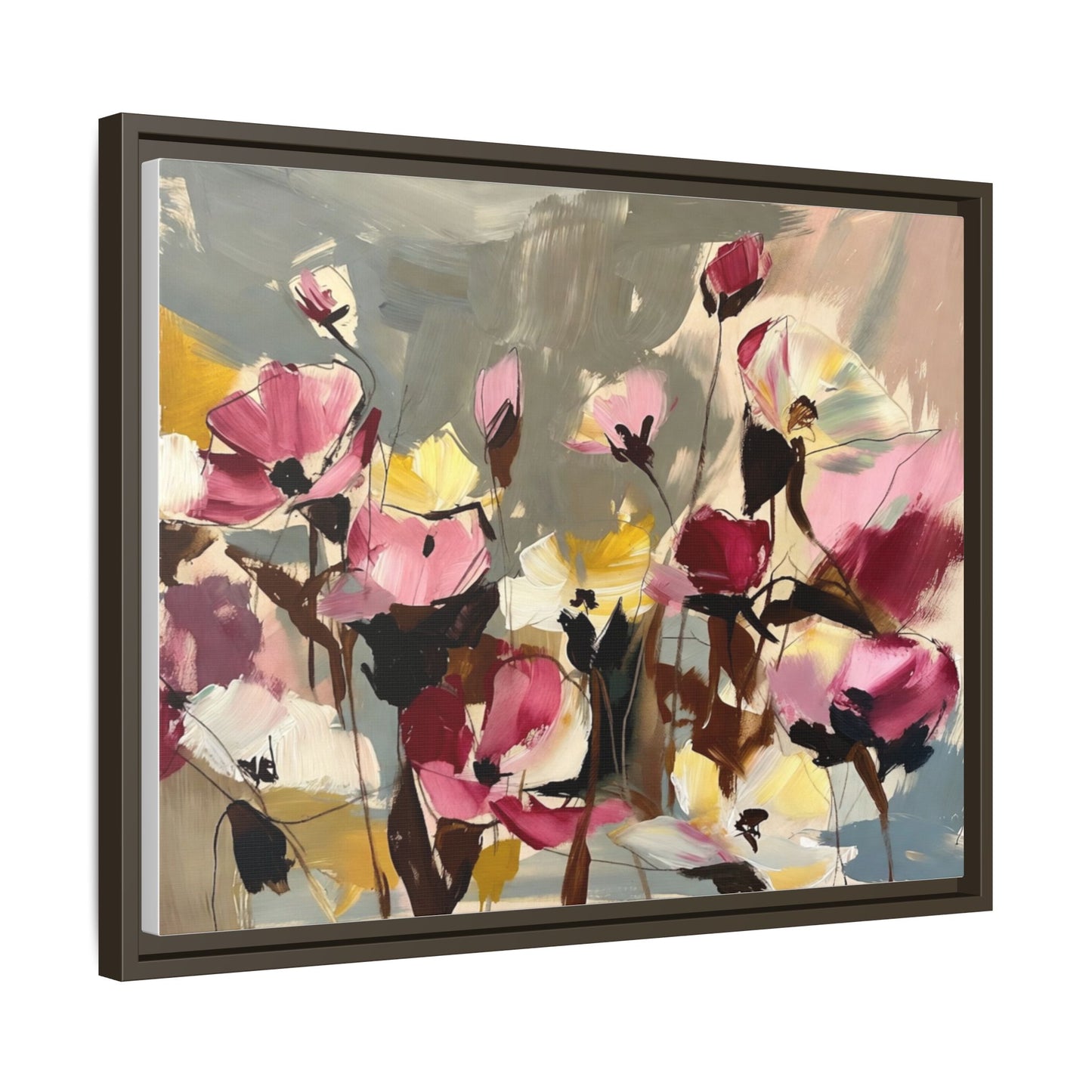 Framed Floral Canvas Wall Art — Abstract Pink & Yellow Flowers