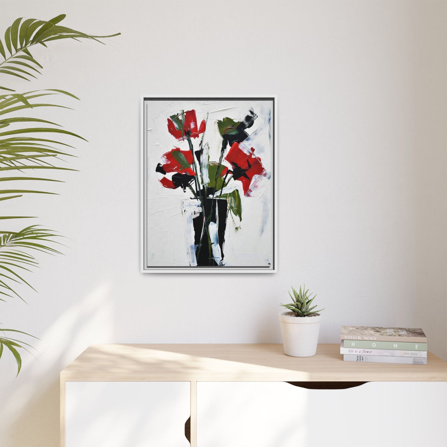 Framed Abstract Floral Canvas Print — Red Poppies in Black Vase