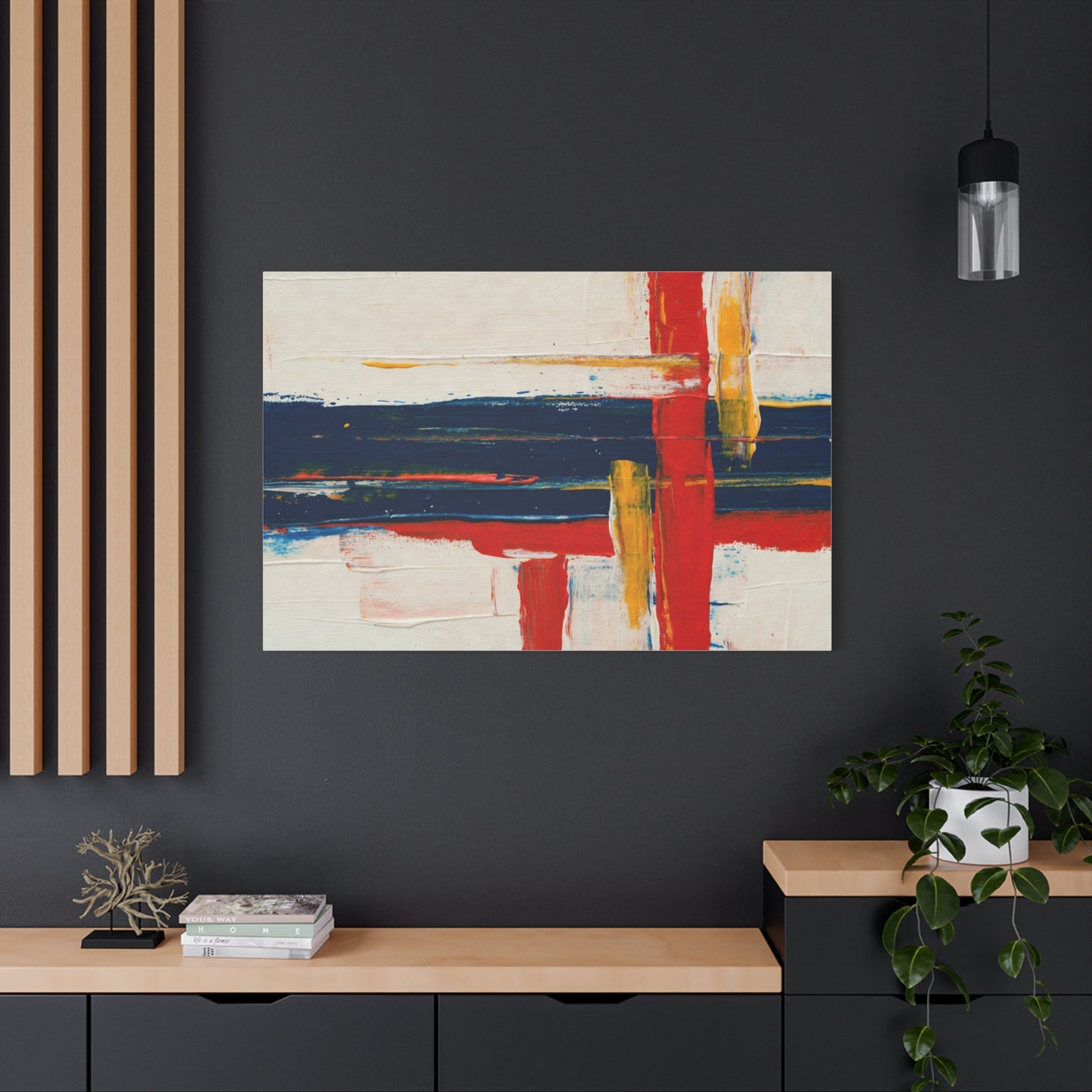 Abstract Modern Canvas Art Print — Red, Navy & Gold Stretched Matte Canvas