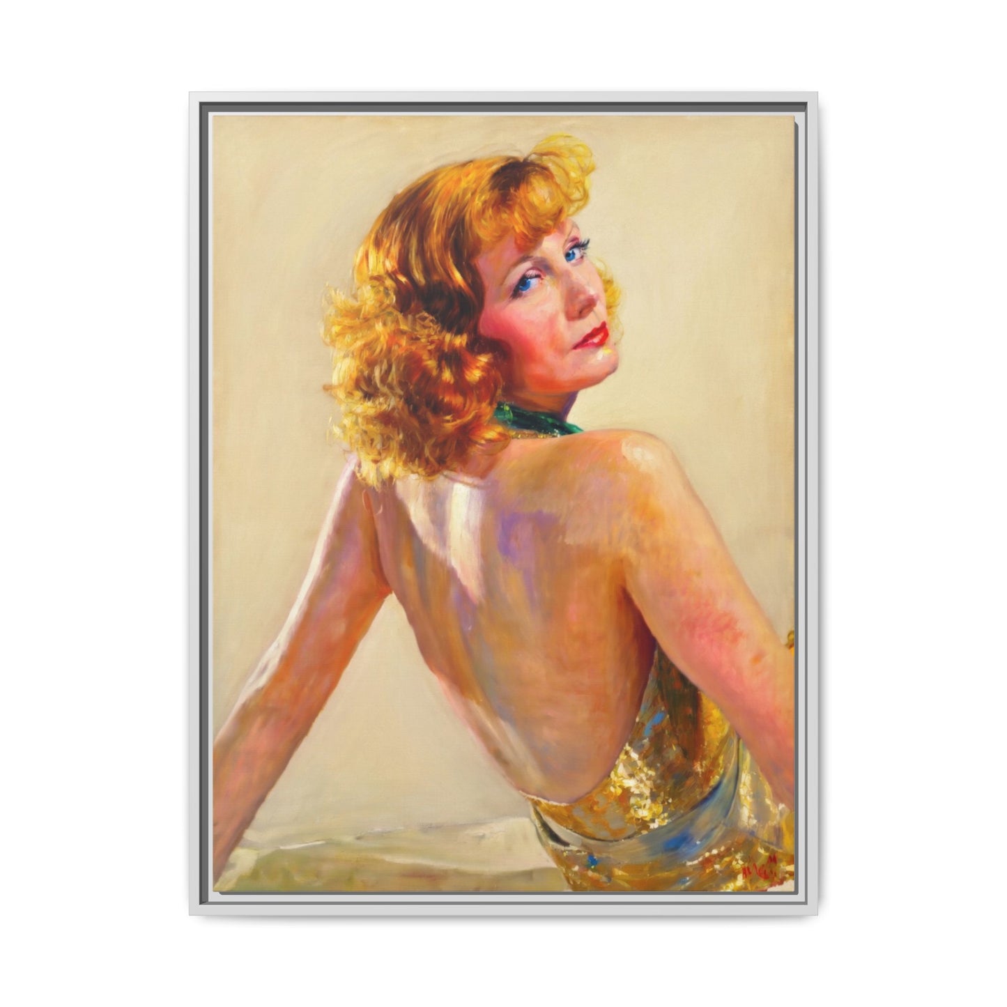 Framed Matte Canvas Print — Vintage Portrait of Redhead Greta Garbo in Gold Dress