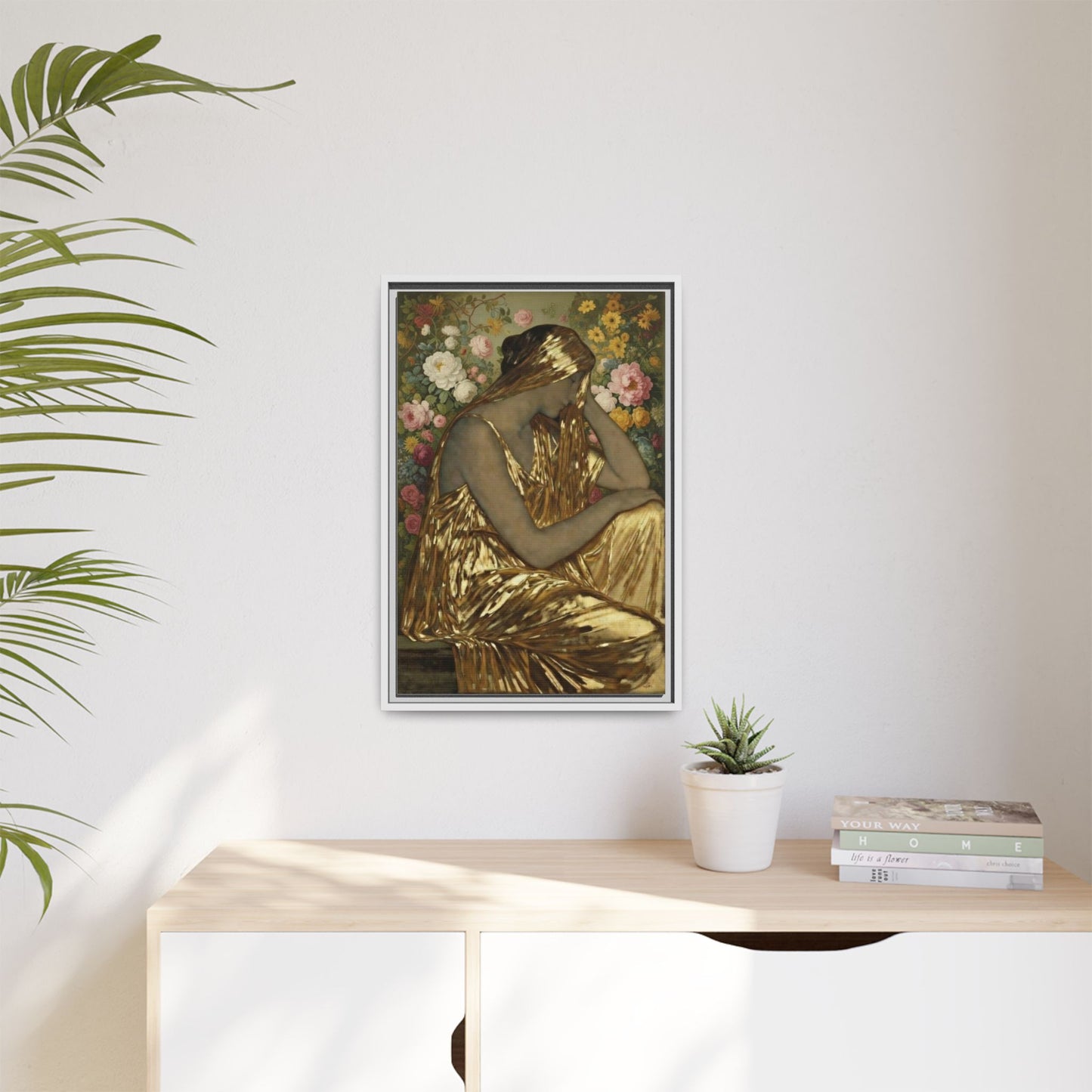 Framed Canvas Art Print — Golden Muse Woman with Floral Background
