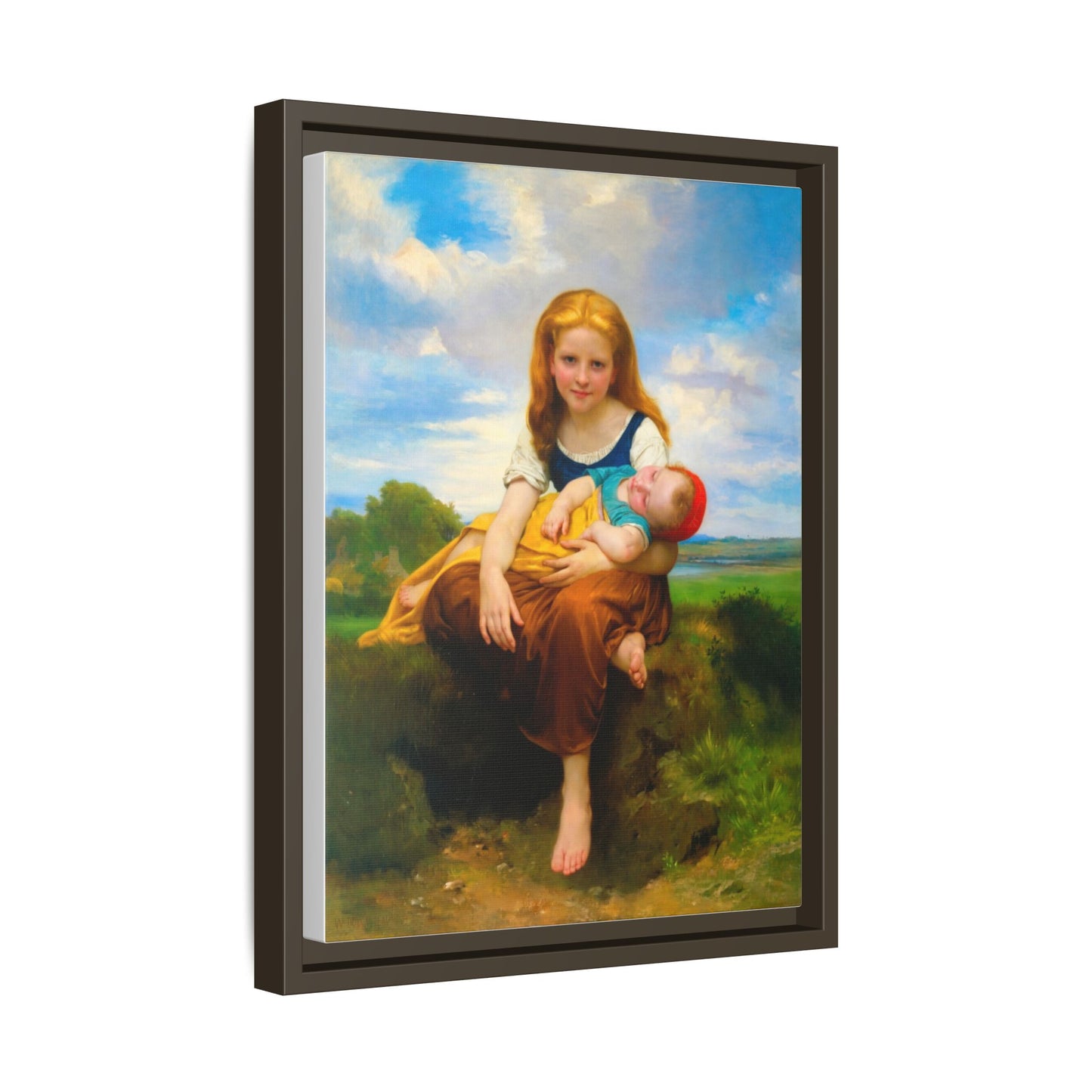 Young Girl Holding Sleeping Baby Canvas Print, Framed Wall Art