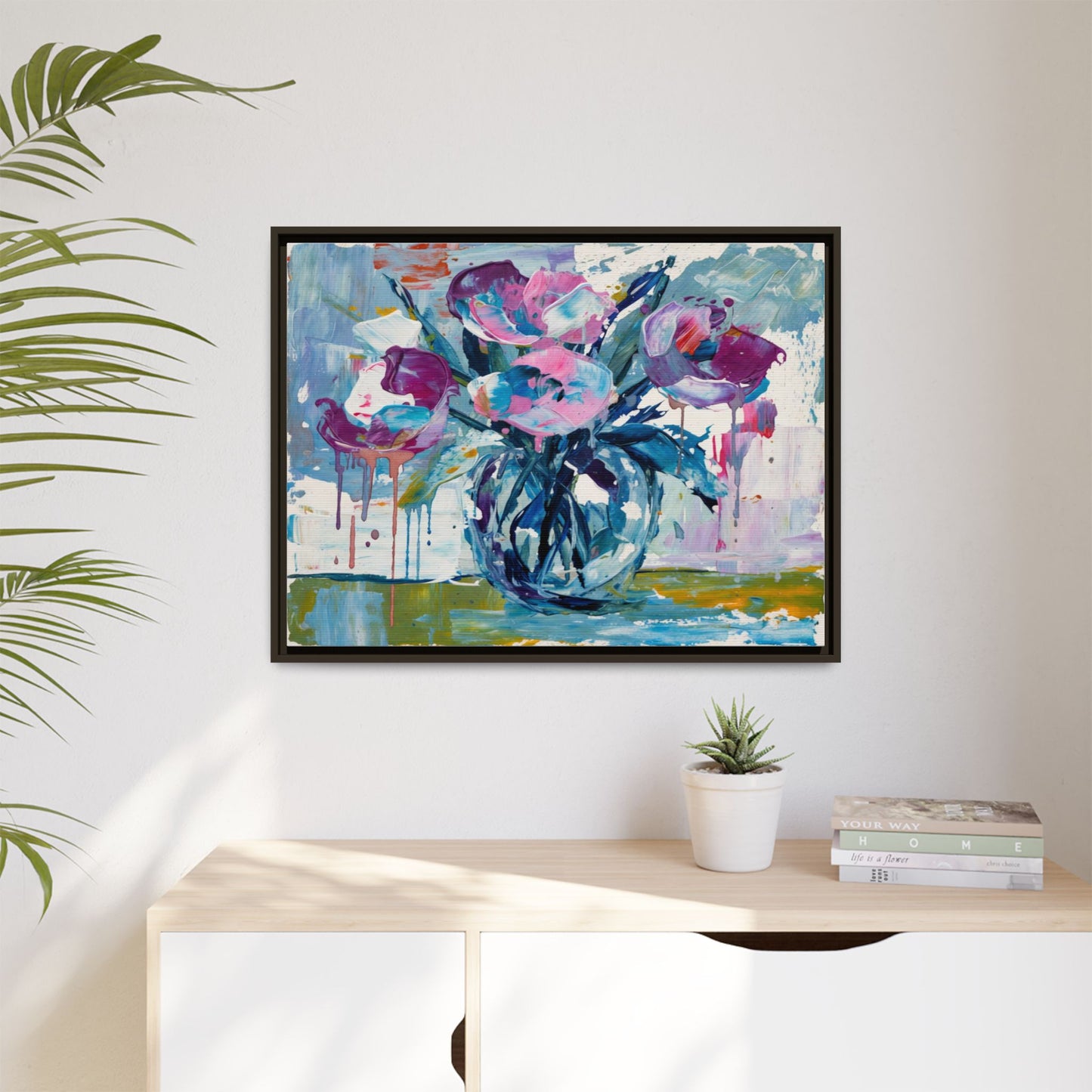 Framed Floral Canvas Art — Abstract Pink & Blue Bouquet