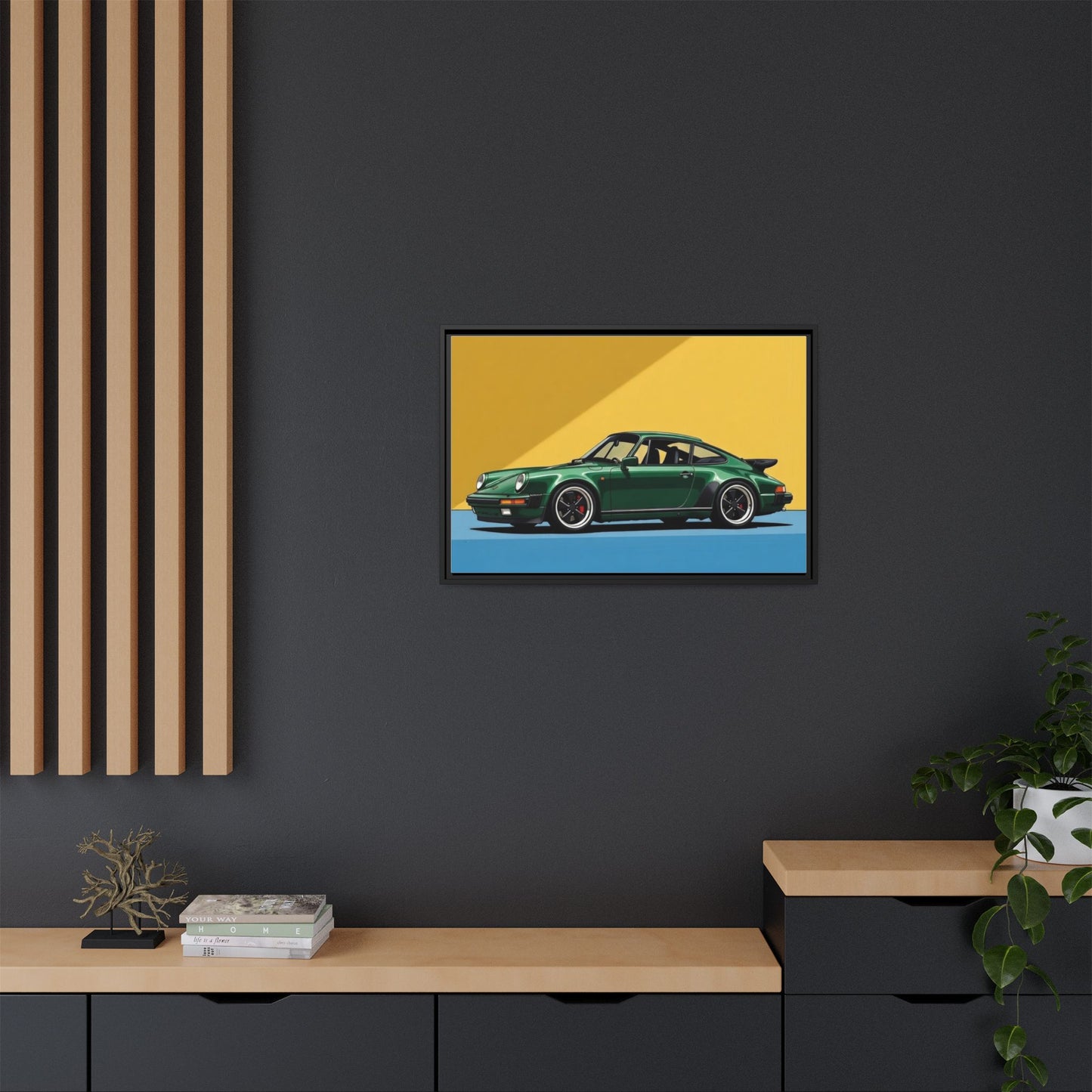 Framed Matte Canvas — Green Sports Car Wall Art