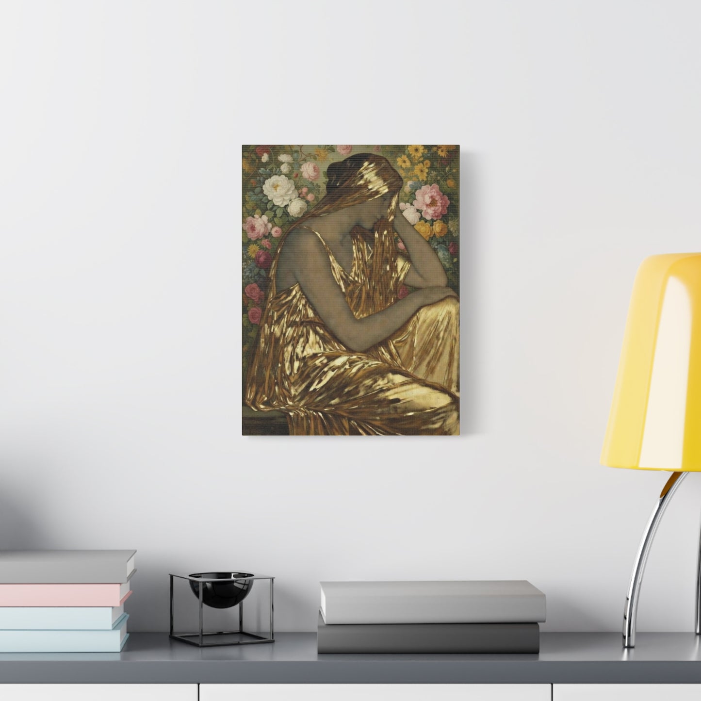 Golden Muse Canvas Print — Woman in Gold Floral Art (Stretched Matte)