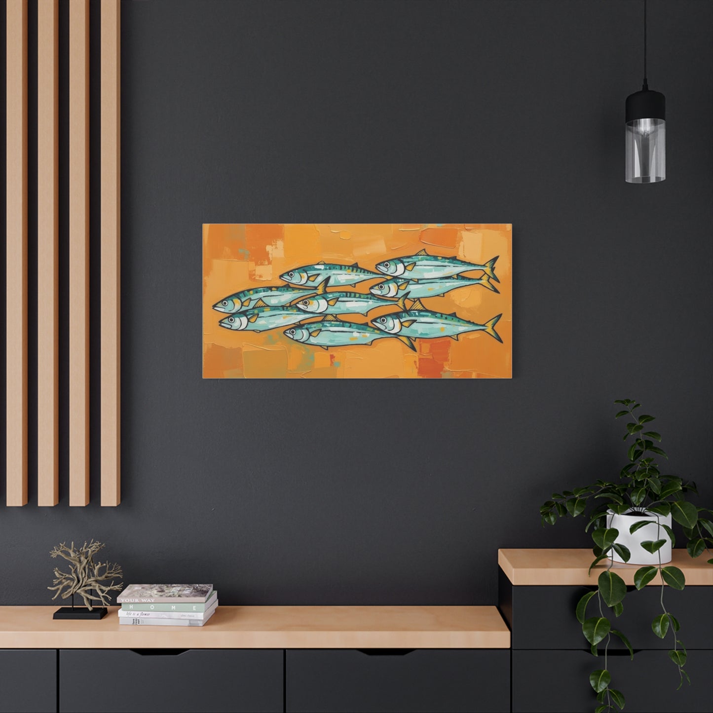 School of Mackerel Canvas Wall Art — Nautical Fish Painting on Orange Background
