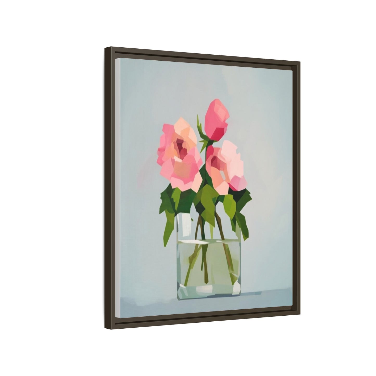 Framed Floral Canvas Print — Pink Roses in Glass Vase (Matte)
