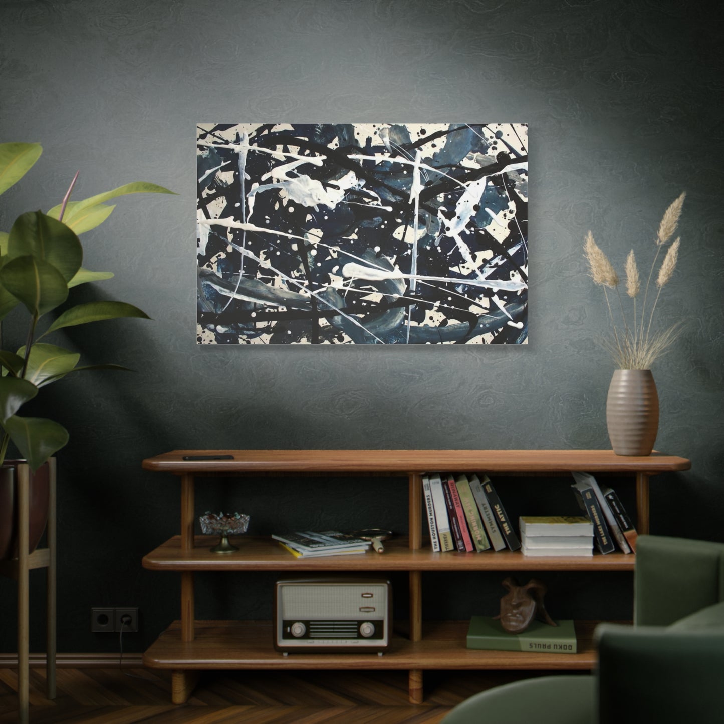 Abstract Drip Painting Canvas Print — Blue & Black Modern Wall Art (Matte Stretched)