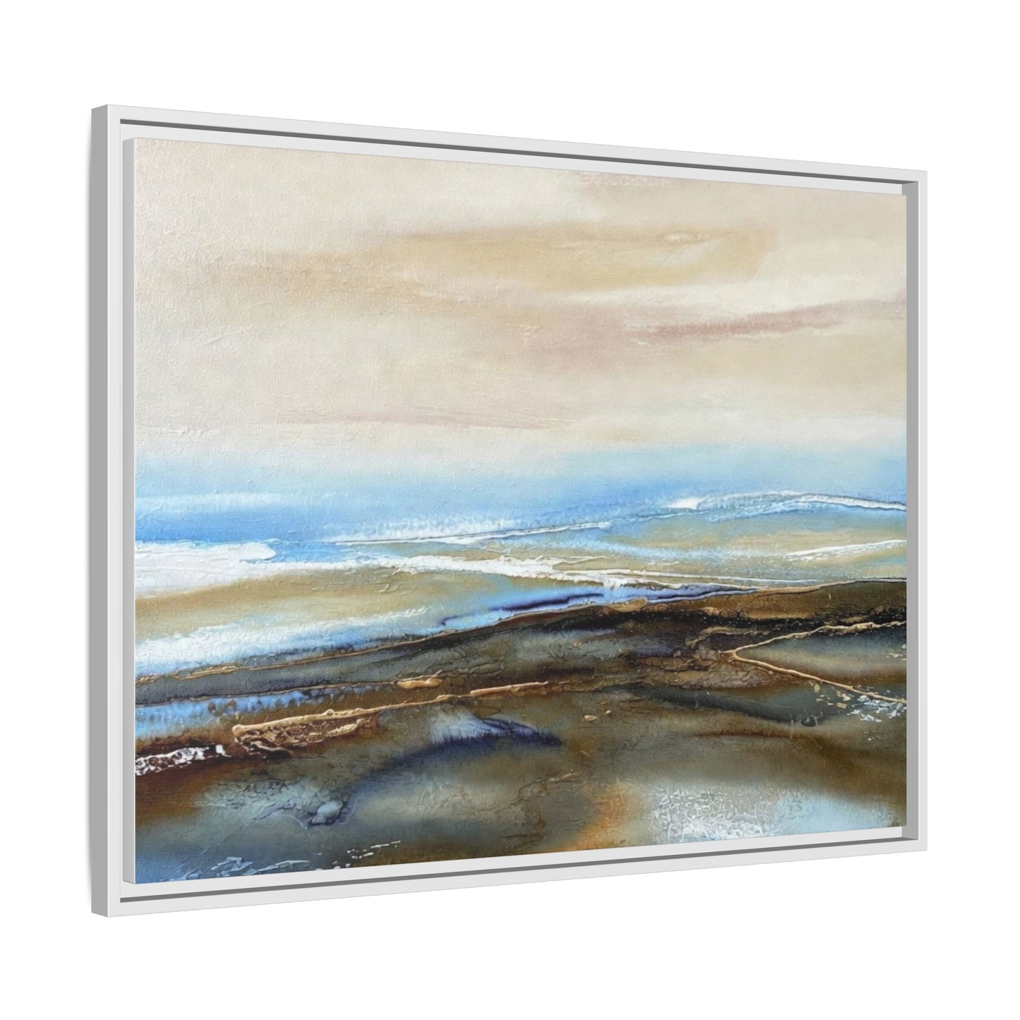 Framed Abstract Seascape Matte Canvas — Coastal Blue & Earth Tone Wall Art
