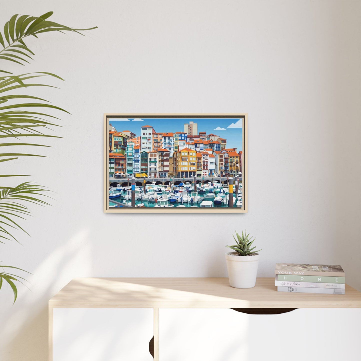 Framed Matte Canvas Print — Colorful Mediterranean Harbor Illustration