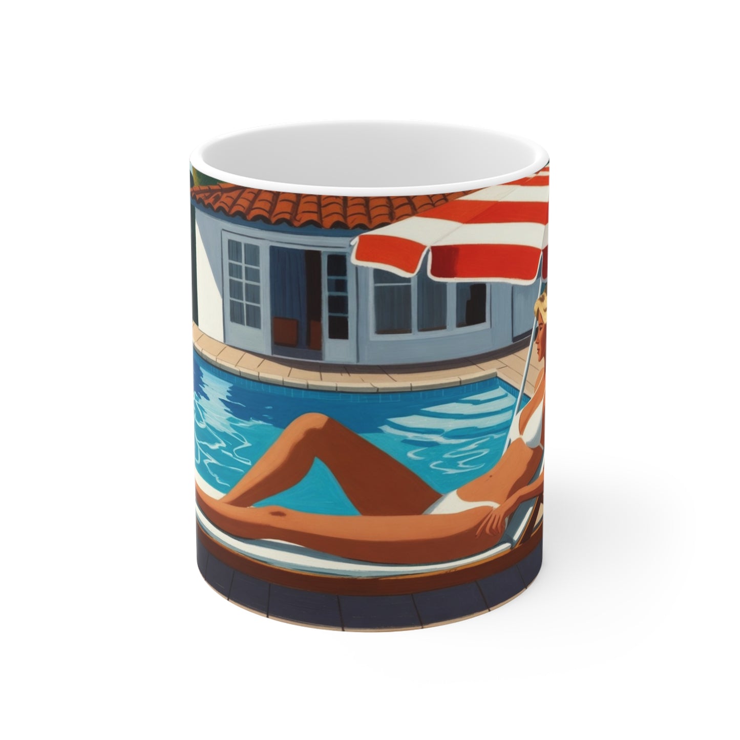 Poolside Retro Art Mug — Vintage Woman Lounging by the Pool