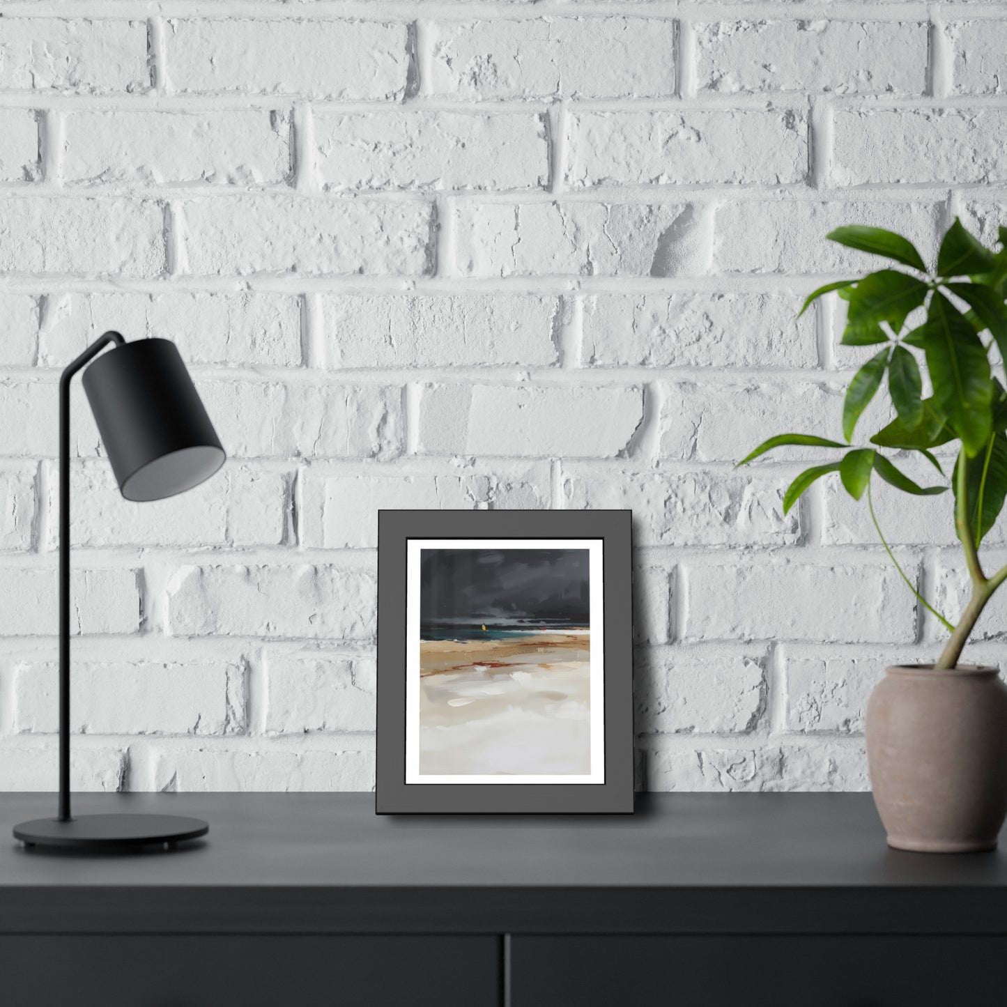Framed Coastal Beach Print — Moody Seascape Poster in Black Frame