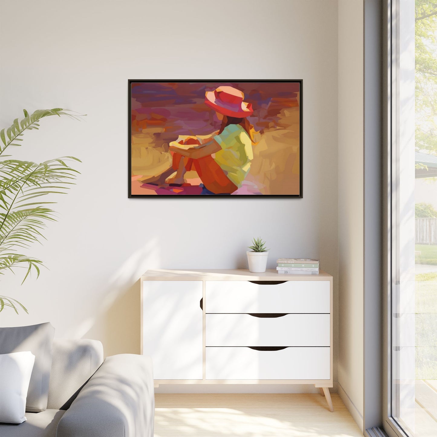 Framed Matte Canvas — Colorful Seated Girl Beach Art