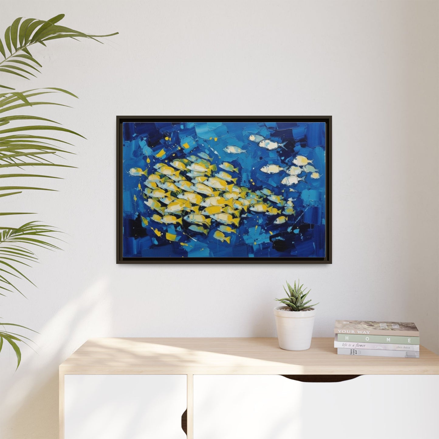 Framed Matte Canvas: Blue School of Fish Wall Art