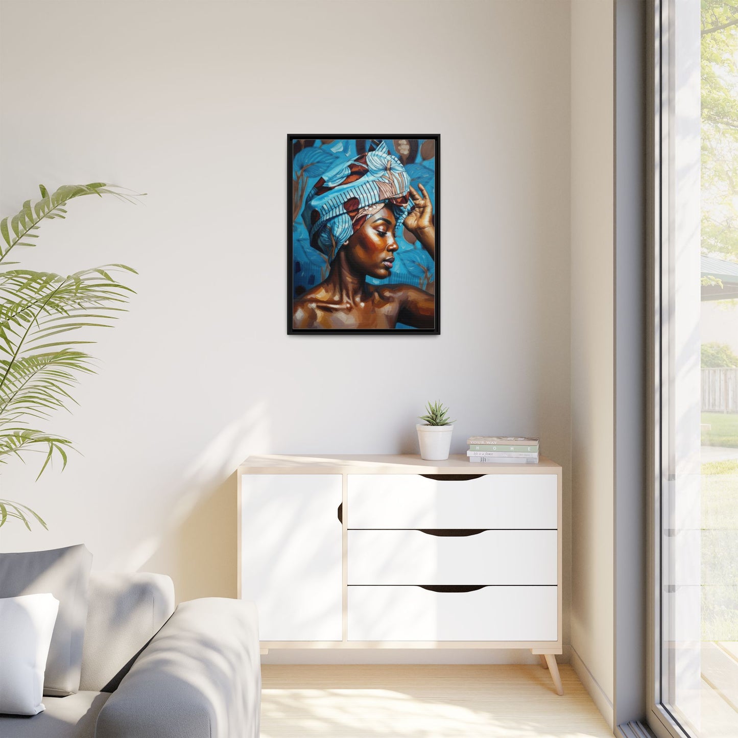 Framed Canvas Art — Portrait of Woman in Blue Headwrap