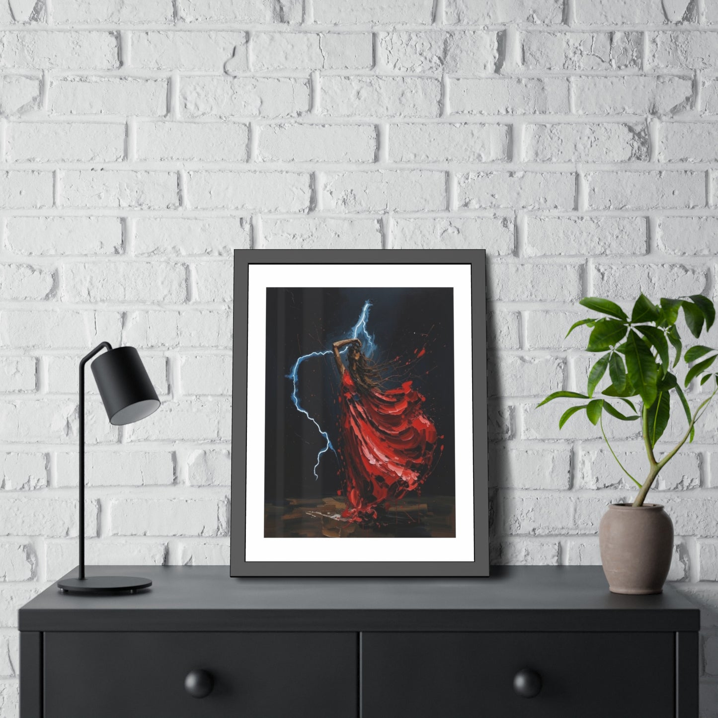Framed Poster — Red-Dressed Dancer with Lightning Art Print