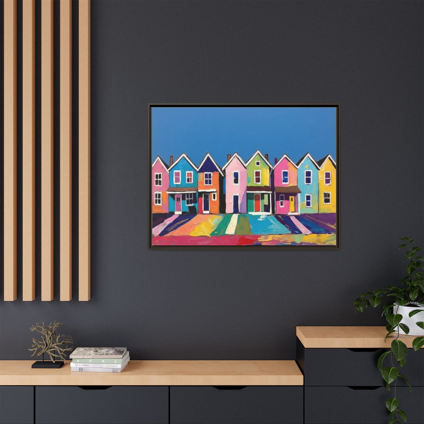 Colorful Beach Houses Matte Canvas Framed Wall Art
