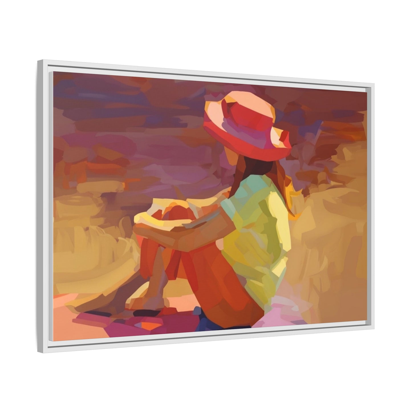 Framed Matte Canvas — Colorful Seated Girl Beach Art
