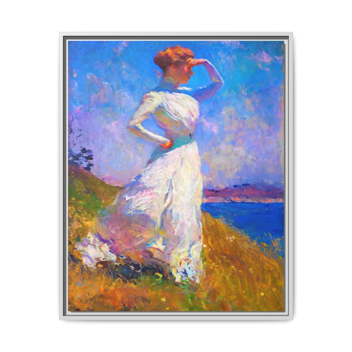 Framed Matte Canvas Art - Woman in White Seaside Impressionist Print