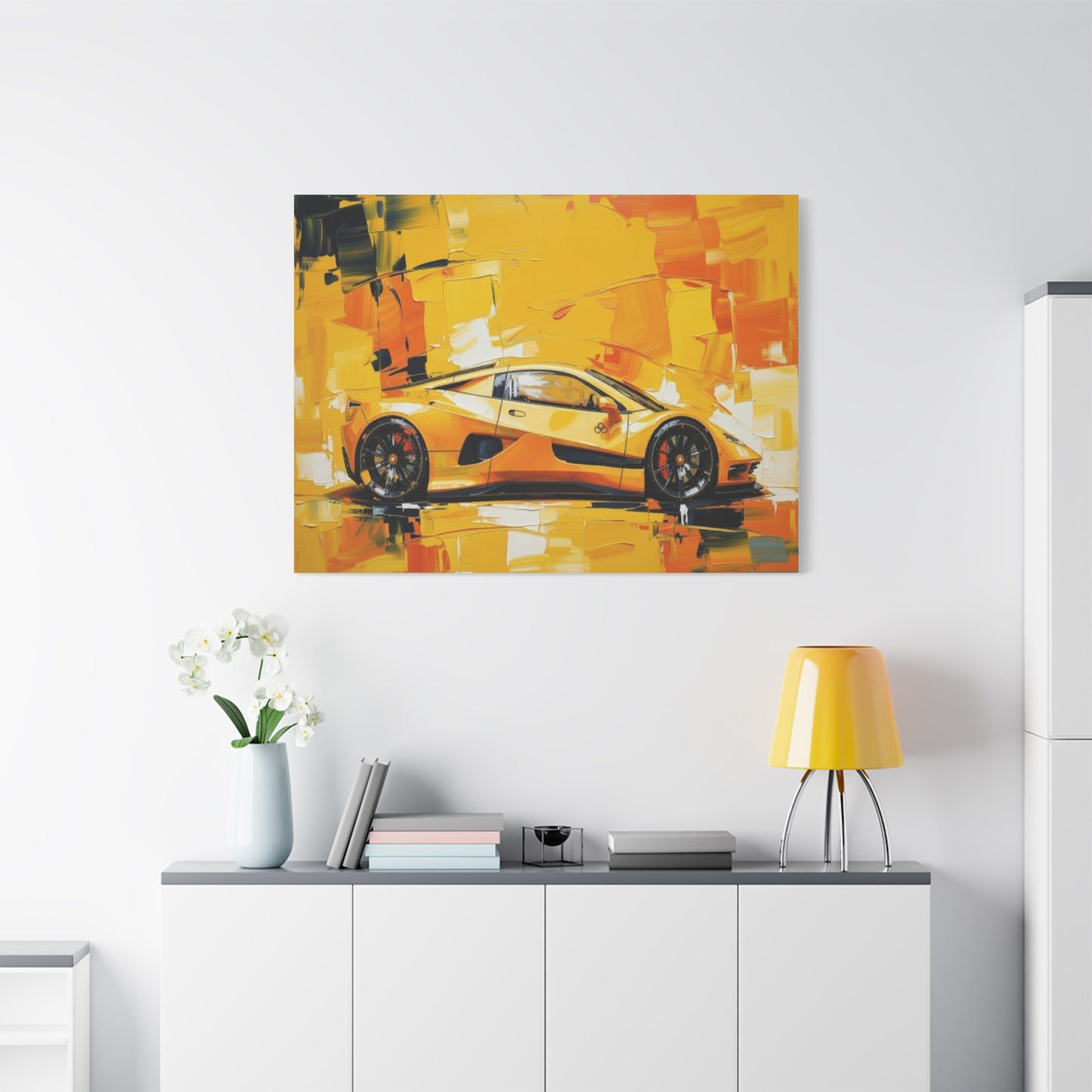 Yellow Sports Car Abstract Canvas Art - Matte Stretched Wall Print