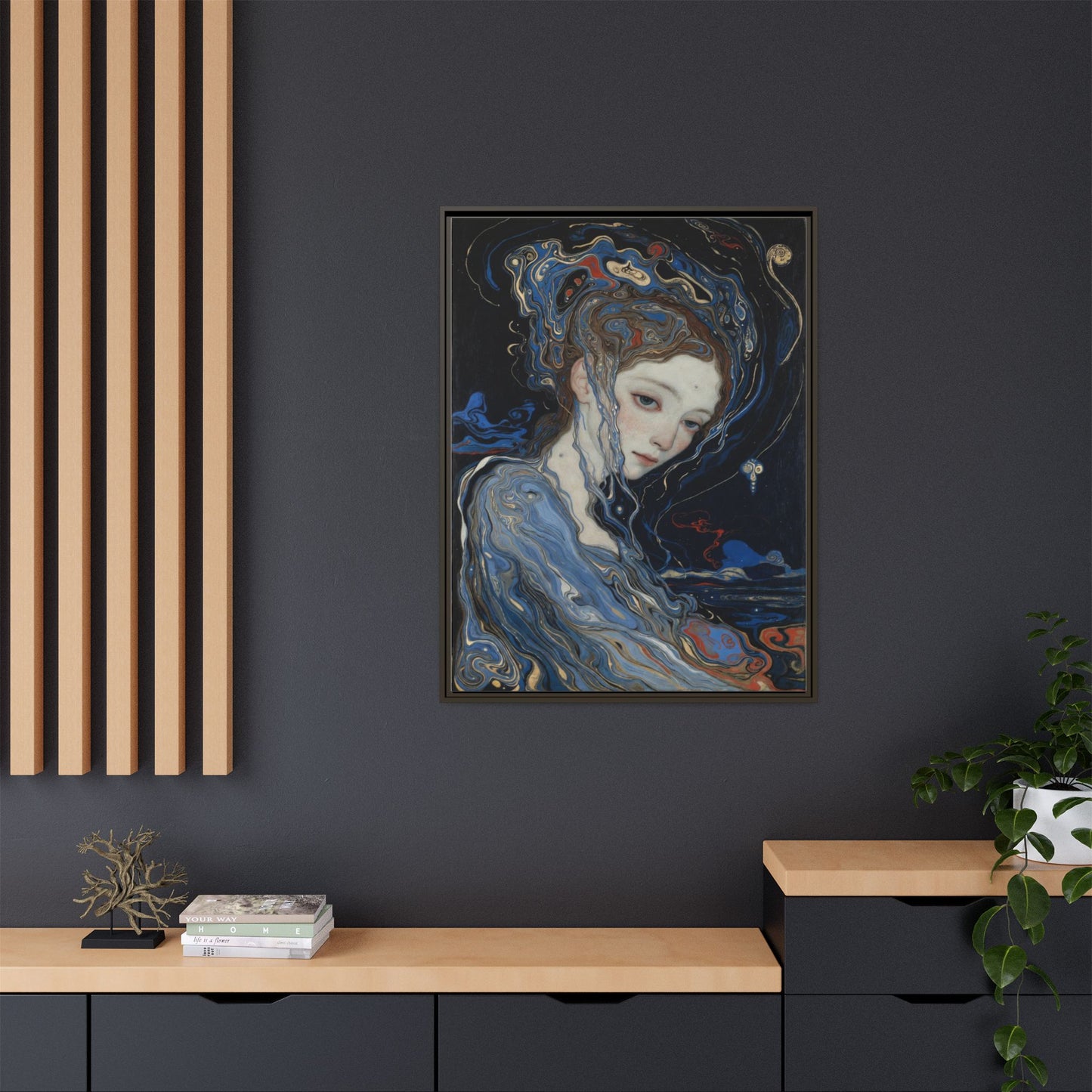 Framed Matte Canvas Art Print — Surreal Blue Maiden Portrait