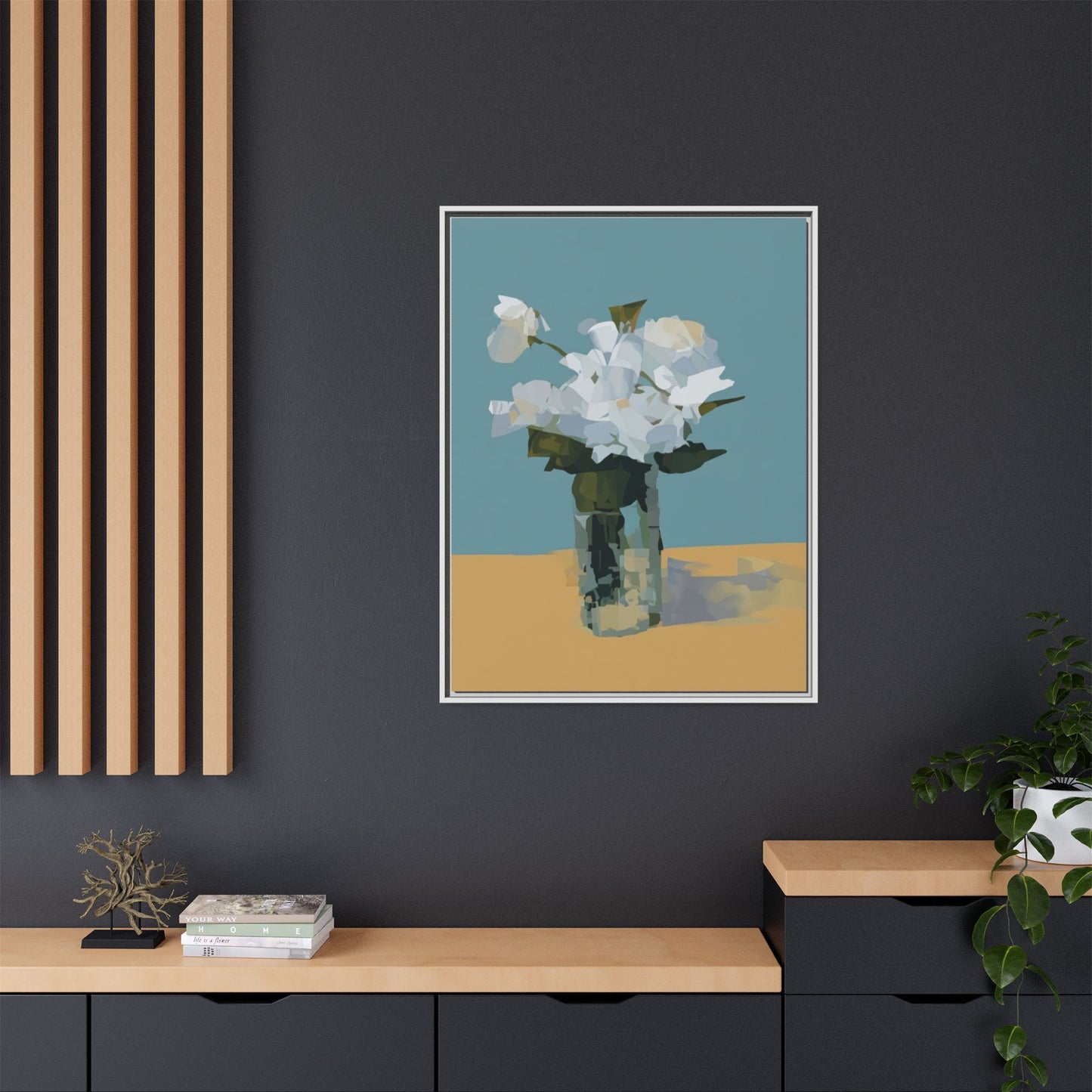 Framed Floral Still Life Canvas Art — Modern White Bouquet Wall Art