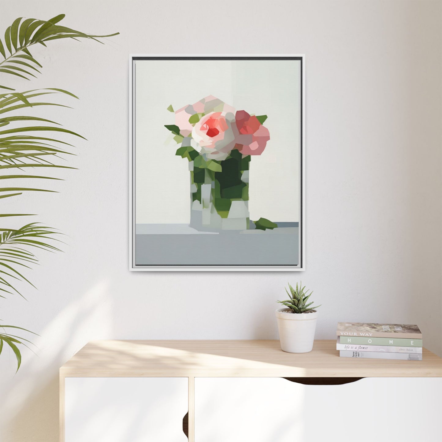 Framed Floral Canvas Print — Modern Pink Roses Still Life