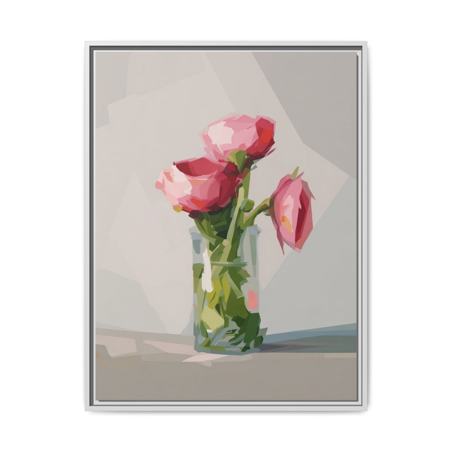 Framed Canvas Art — Pink Roses in Vase, Modern Floral Wall Print