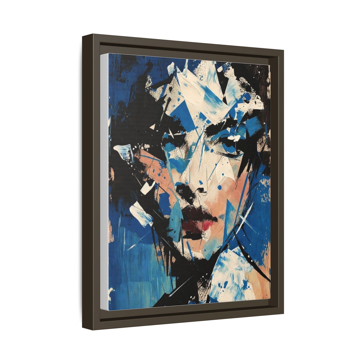 Abstract Portrait Matte Canvas Framed Wall Art — Blue Mixed-Media Face Print