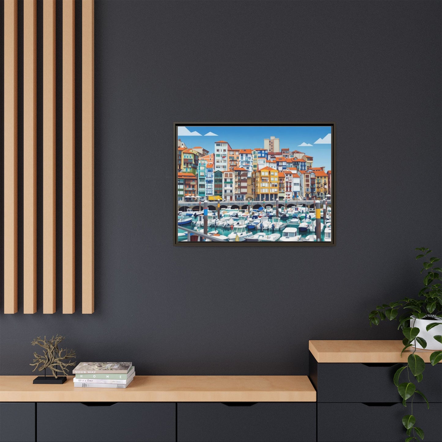 Framed Matte Canvas Print — Colorful Mediterranean Harbor Illustration
