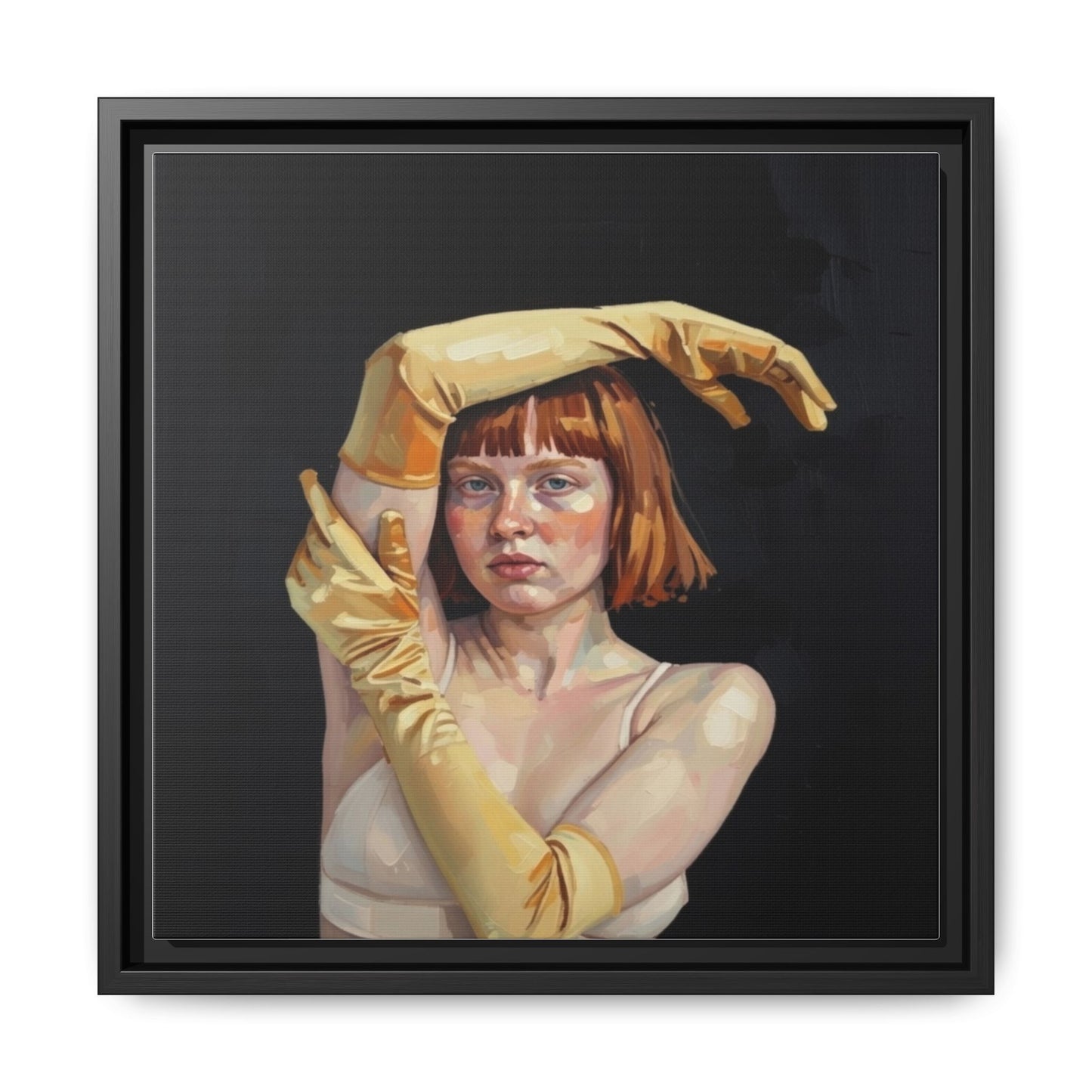 Framed Matte Canvas Art – Portrait of Woman in Yellow Gloves