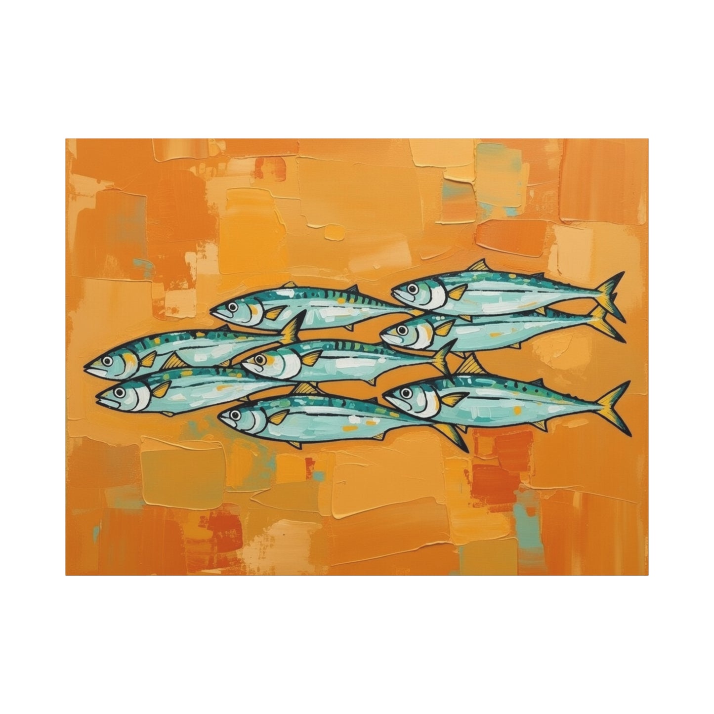 School of Mackerel Canvas Wall Art — Nautical Fish Painting on Orange Background