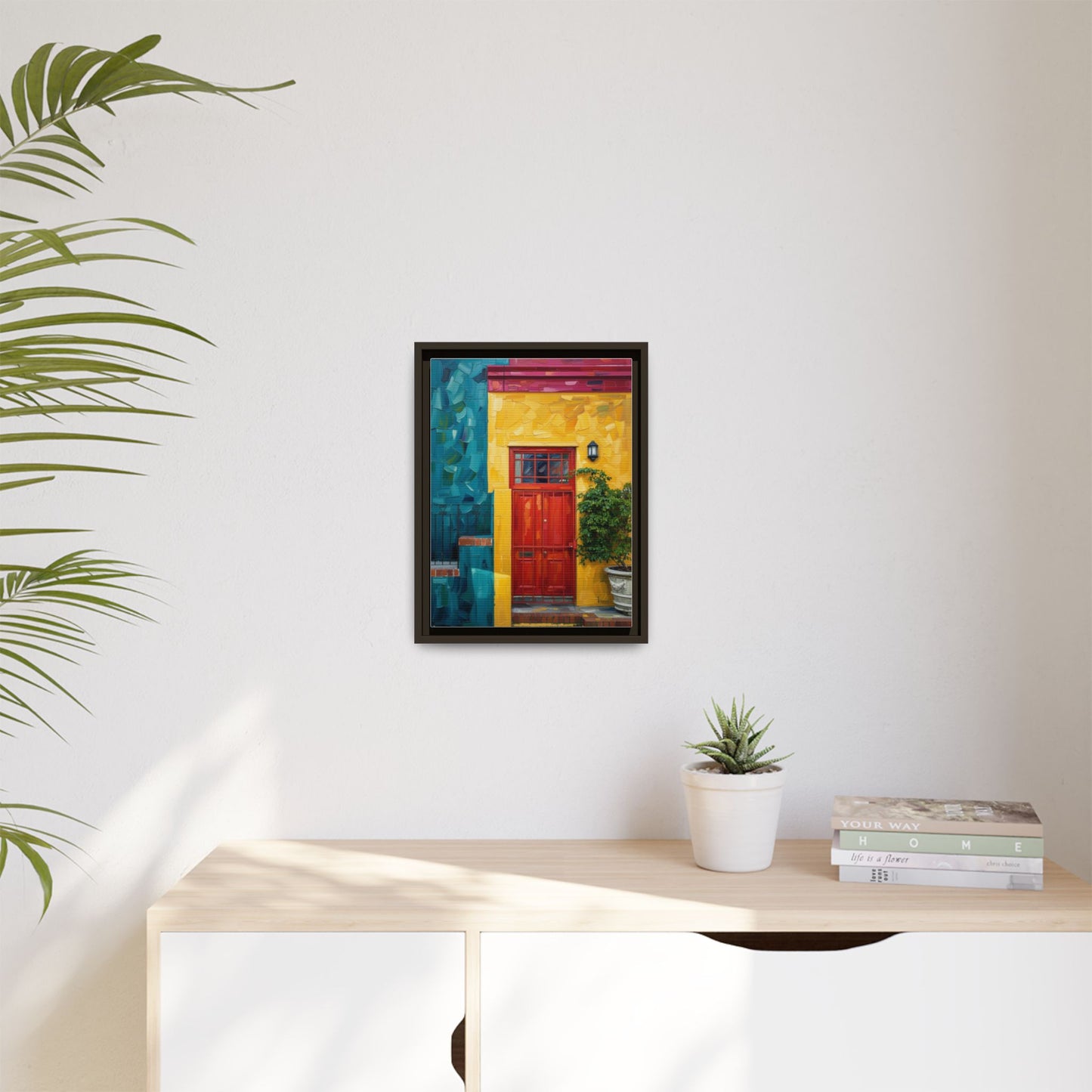 Framed Matte Canvas Wall Art — Colorful Red Door on Yellow Facade