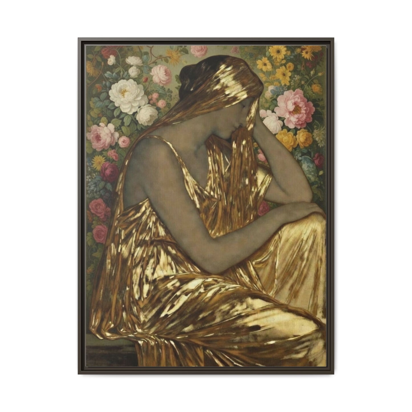 Framed Canvas Art Print — Golden Muse Woman with Floral Background