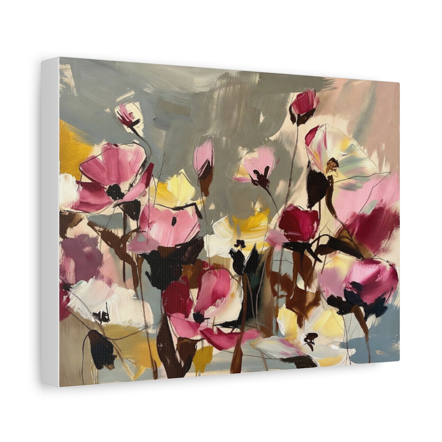 Floral Abstract Canvas Wall Art — Pink & Yellow Bloom Stretched Matte Print