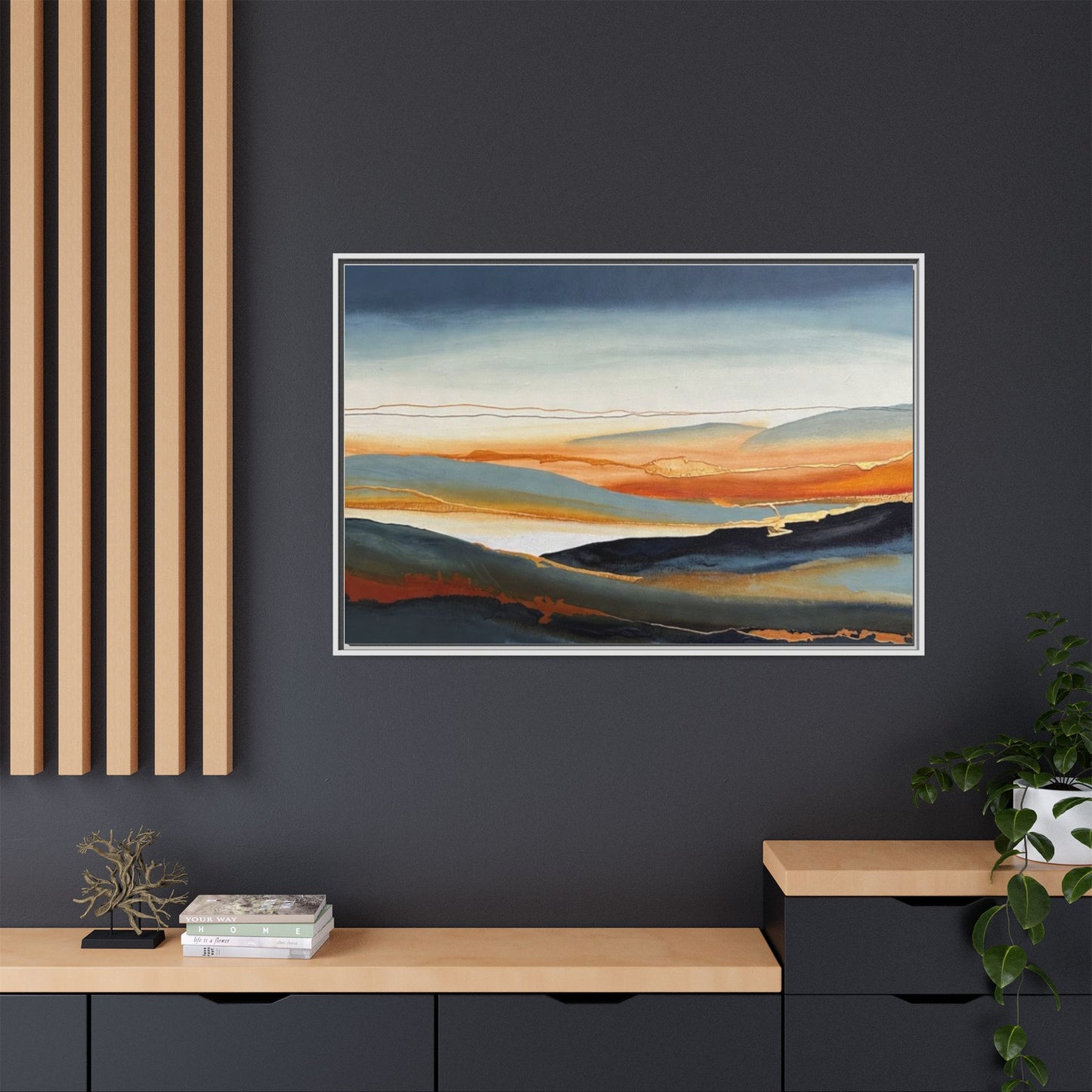 Framed Matte Canvas: Abstract Coastal Sunset Landscape Wall Art
