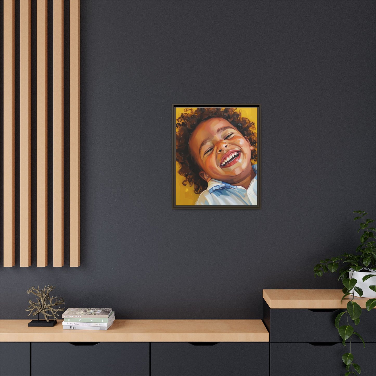 Framed Matte Canvas Print – Joyful Child Portrait, Colorful Nursery Wall Art